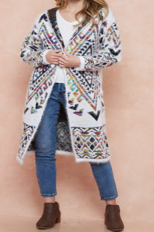WESTERN MOON COZY SWEATER CARDIGAN IN IVORY &  MULTI-COLOR