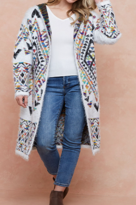 WESTERN MOON COZY SWEATER CARDIGAN IN IVORY &  MULTI-COLOR