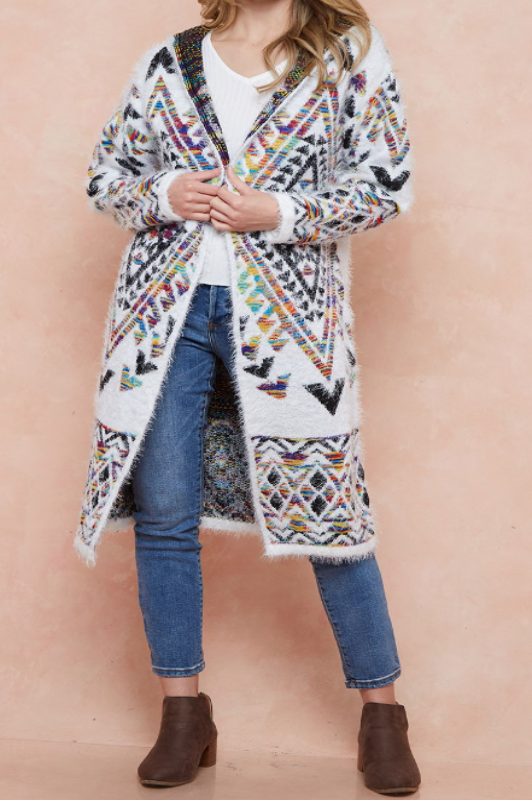 WESTERN MOON COZY SWEATER CARDIGAN IN IVORY &  MULTI-COLOR