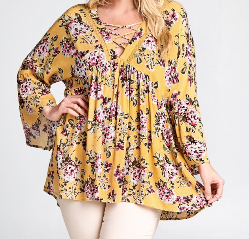 FRESH LOOK FLORAL COMFY BABYDOLL TOP IN MUSTARD