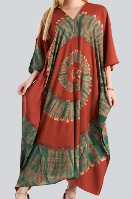 HIPPIE BOBO TIE DYE KAFTAN DRESS IN RUST & OLIVE------SALE