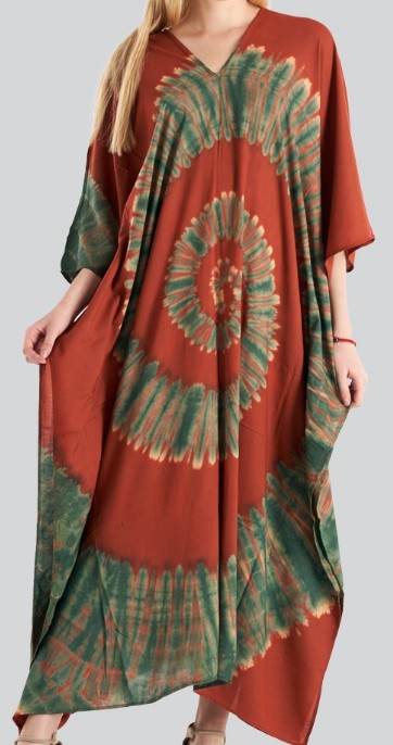 DREAMING OF PARADISE TIE DYE KAFTAN DRESS IN RUST & OLIVE------SALE