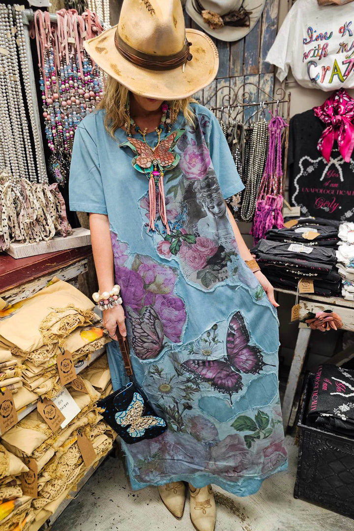 Like a Love Song Vintage-Inspired Maxi Dress 100% Cotton Blue & Floral