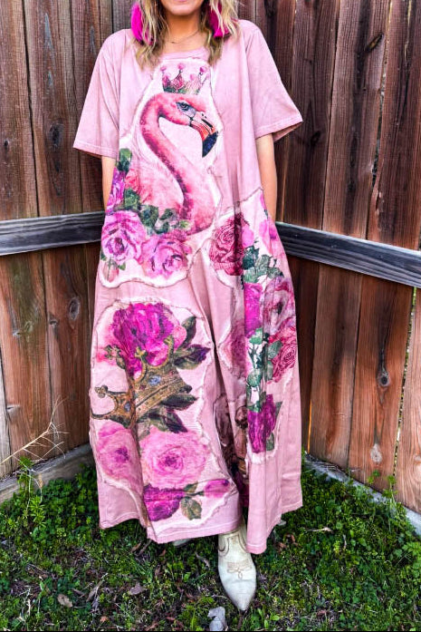Eternally Perfect Vintage-Inspired Maxi T-Dress 100% Cotton Pink Flamingo