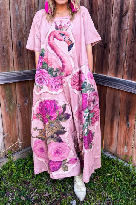 Eternally Perfect Vintage-Inspired Maxi T-Dress 100% Cotton Pink Flamingo