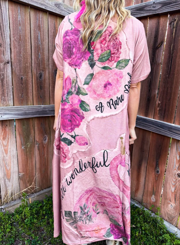 Eternally Perfect Vintage-Inspired Maxi T-Dress 100% Cotton Pink Flamingo