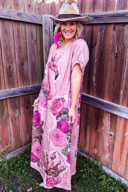 Eternally Perfect Vintage-Inspired Maxi T-Dress 100% Cotton Pink Flamingo