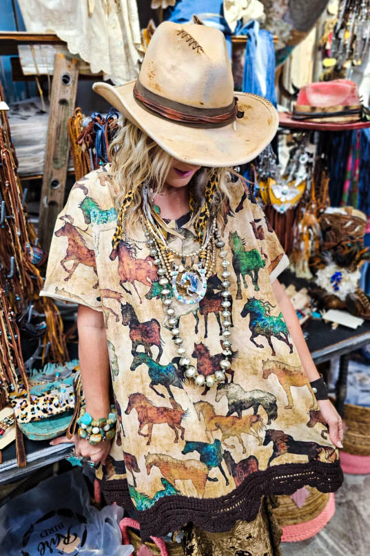Young At Heart Horses Print Oversized Tunic – 100% Cotton - Made in USA