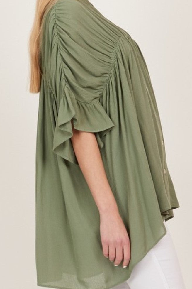 EASY LIVING  BOHO PEASANT OVERSIZED SHIRT TUNIC IN OLIVE