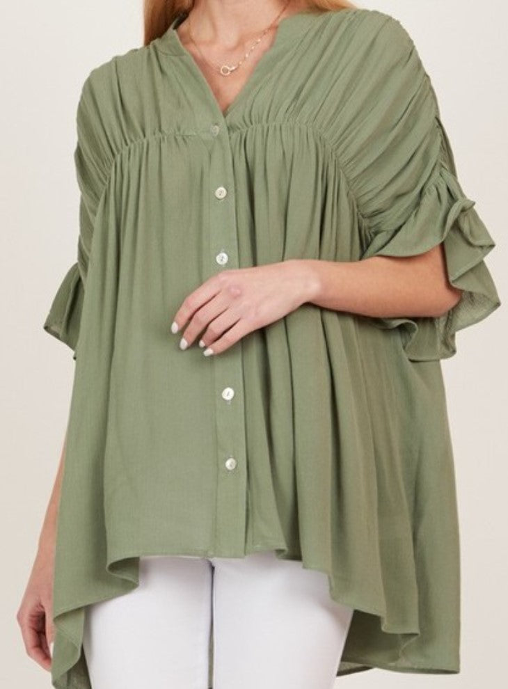 EASY LIVING  BOHO PEASANT OVERSIZED SHIRT TUNIC IN OLIVE