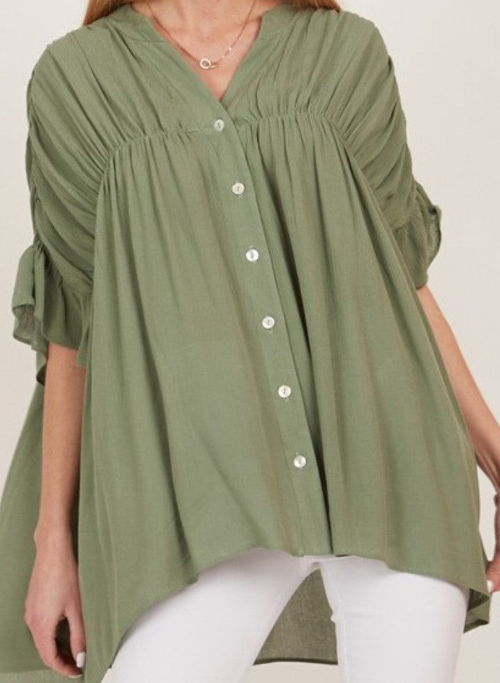 EASY LIVING  BOHO PEASANT OVERSIZED SHIRT TUNIC IN OLIVE