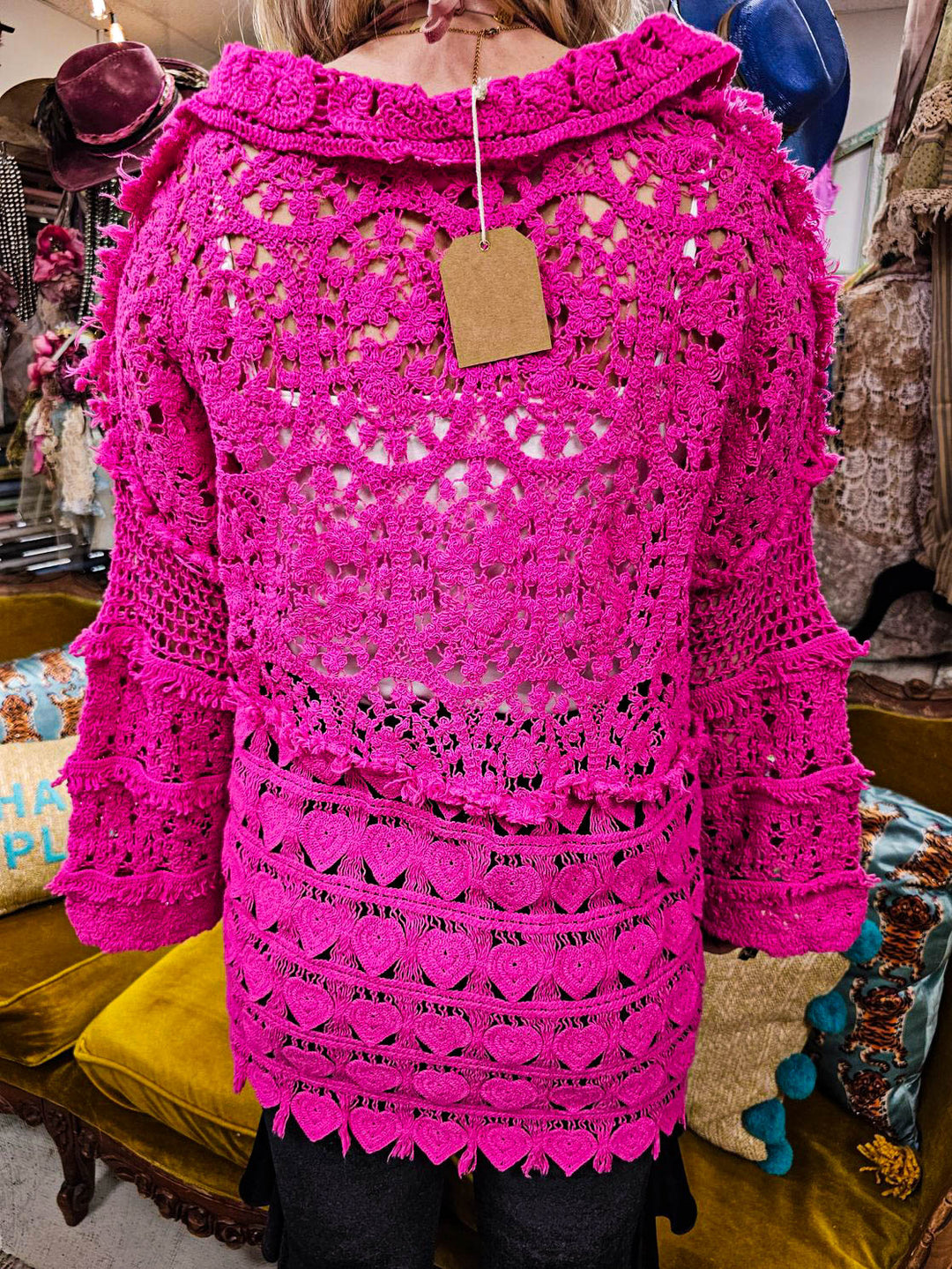 SECRET ORIGINS CROCHET HEARTS & FLOWERS TUNIC IN MAGENTA