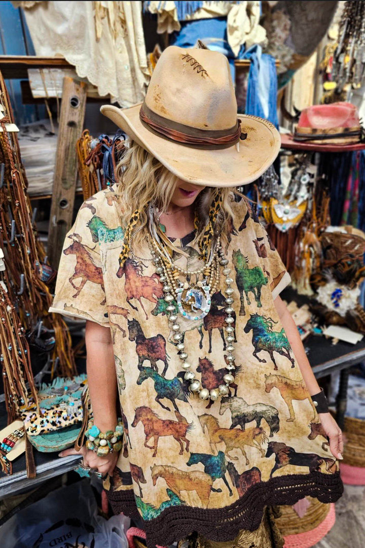 Young At Heart Horses Print Oversized Tunic – 100% Cotton - Made in USA