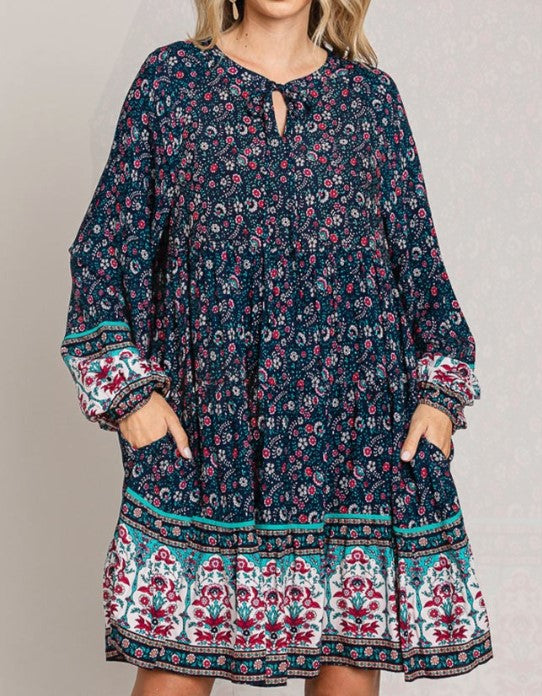 L-2X SIZE - BOHO HIPPIE SWING OVERSIZED DRESS IN NAVY ----------SALE
