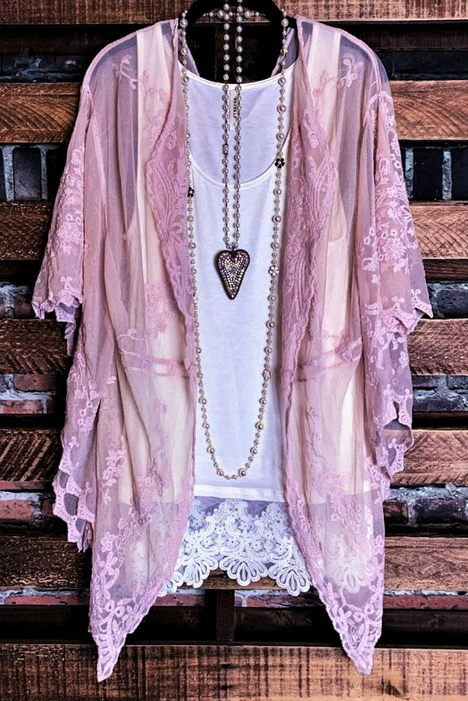 VINTAGE ANGEL EMBROIDERED LACE KIMONO DUSTY PINK MAUVE