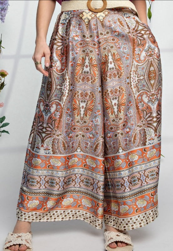 SEA BREEZE SATIN PRINTED WIDE LEGS PLUS SIZE PANTS IN CORAL & MULTI-----SALE