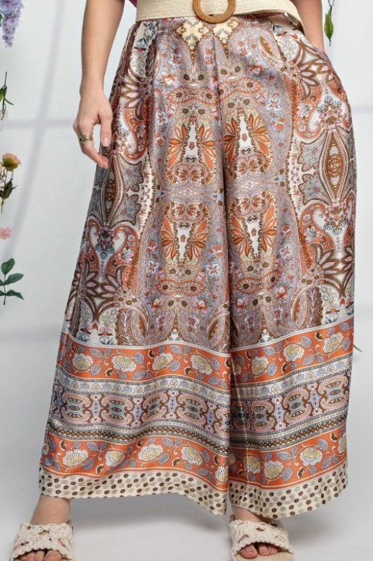 SEA BREEZE SATIN PRINTED WIDE LEGS PLUS SIZE PANTS IN CORAL & MULTI-----SALE