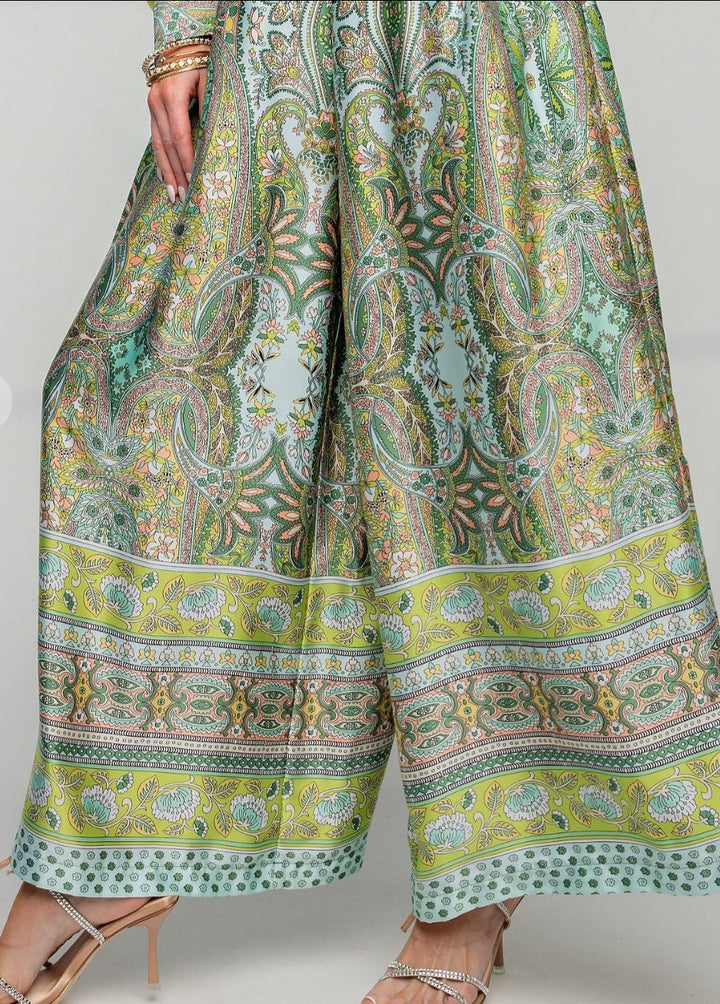 SATIN PRINTED WIDE LEGS PLUS SIZE PANTS IN GREEN & MULTI -----SALE