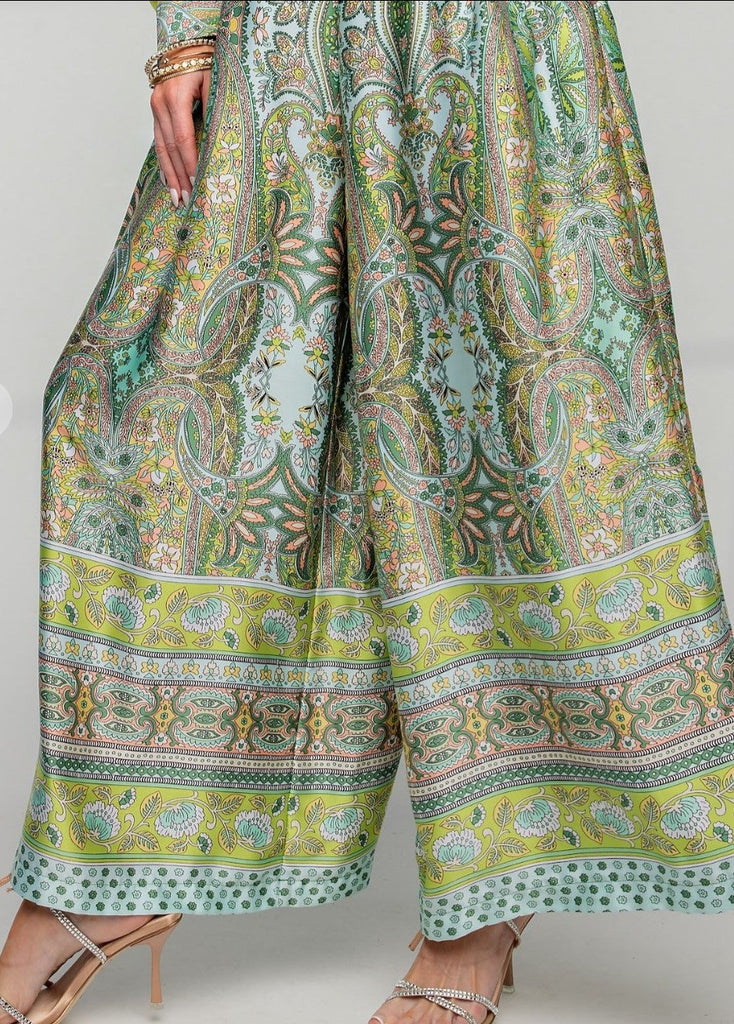 SEA BREEZE SATIN PRINTED WIDE LEGS PLUS SIZE PANTS IN GREEN & MULTI