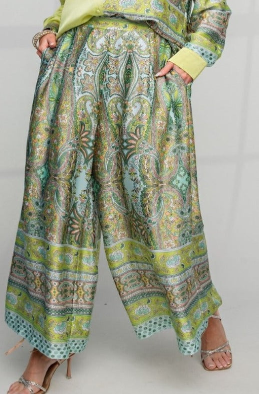 SATIN PRINTED WIDE LEGS PLUS SIZE PANTS IN GREEN & MULTI -----SALE