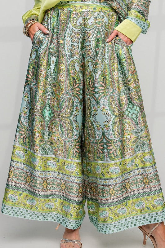 SATIN PRINTED WIDE LEGS PLUS SIZE PANTS IN GREEN & MULTI -----SALE