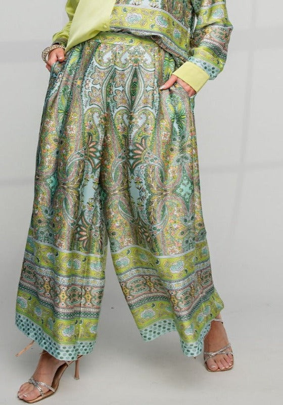 SEA BREEZE SATIN PRINTED WIDE LEGS PLUS SIZE PANTS IN GREEN & MULTI