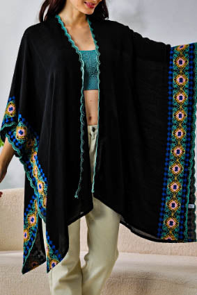 Perfectly Beautiful Handcrafted Embroidered Trim Black Kimono