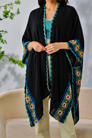 Perfectly Beautiful Handcrafted Embroidered Trim Black Kimono