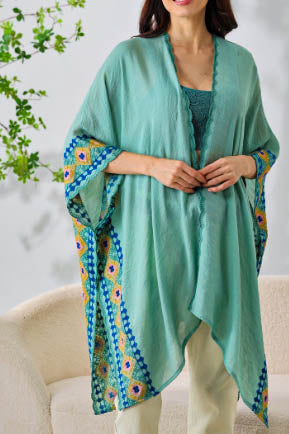 Perfectly Beautiful Handcrafted Embroidered Trim Sage Kimono