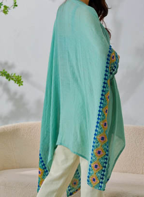 Perfectly Beautiful Handcrafted Embroidered Trim Sage Kimono