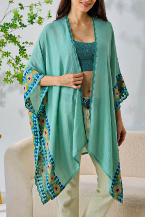 Perfectly Beautiful Handcrafted Embroidered Trim Sage Kimono