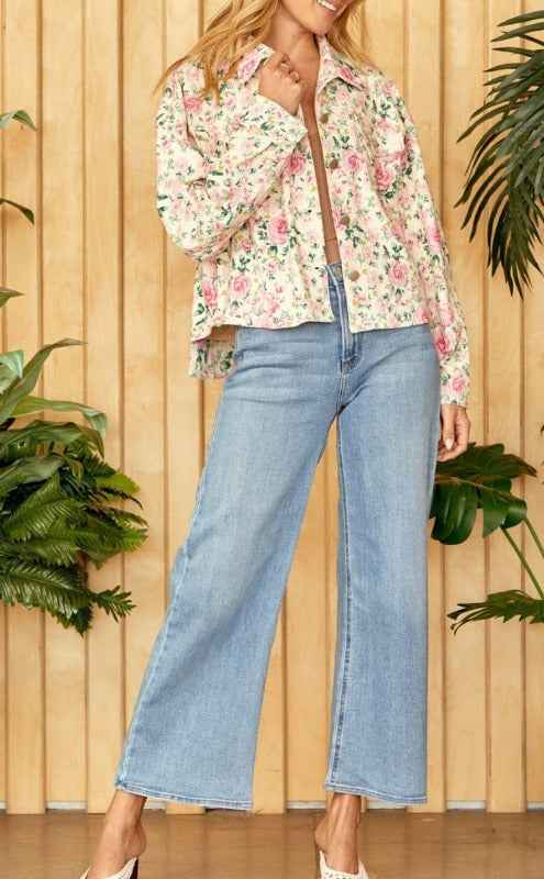 DOWNTOWN ROMANCE CORDUROY FLORAL JACKET IN IVORY & MULTI-COLOR