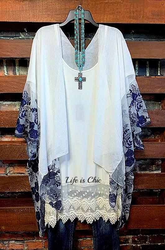 FLEUR DE LIS LACE EMBROIDERED KIMONO IN NAVY & WHITE--------SALE