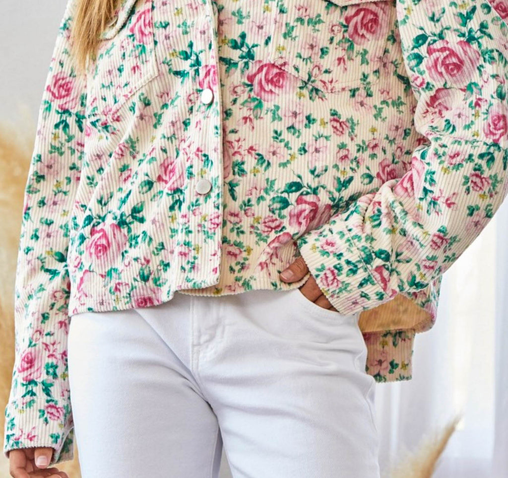 DOWNTOWN ROMANCE CORDUROY FLORAL JACKET IN IVORY & MULTI-COLOR