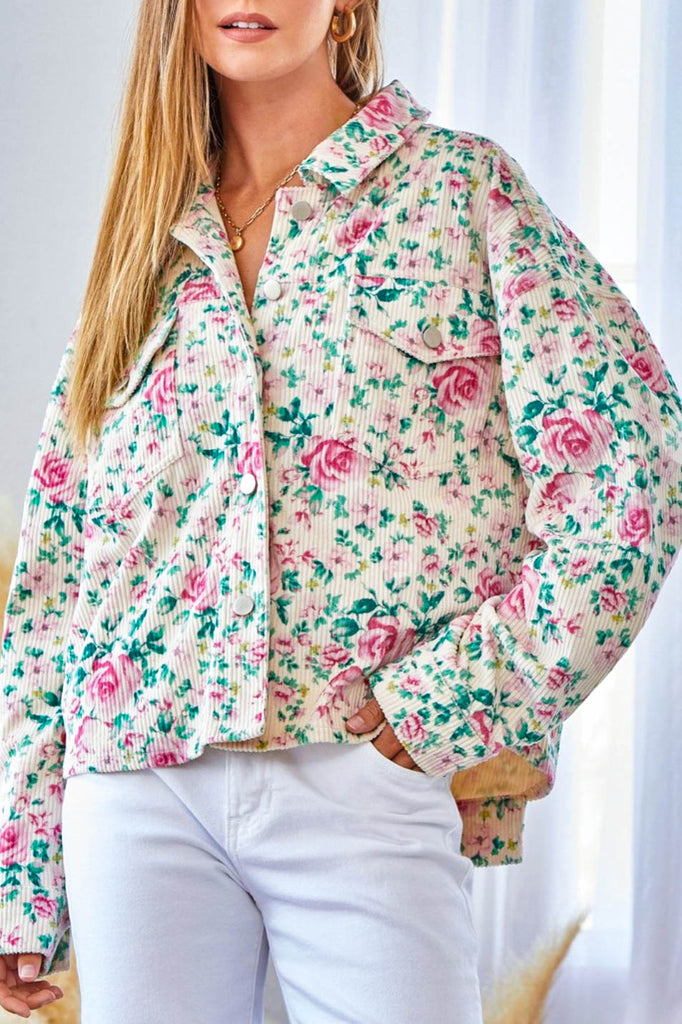 DOWNTOWN ROMANCE CORDUROY FLORAL JACKET IN IVORY & MULTI-COLOR