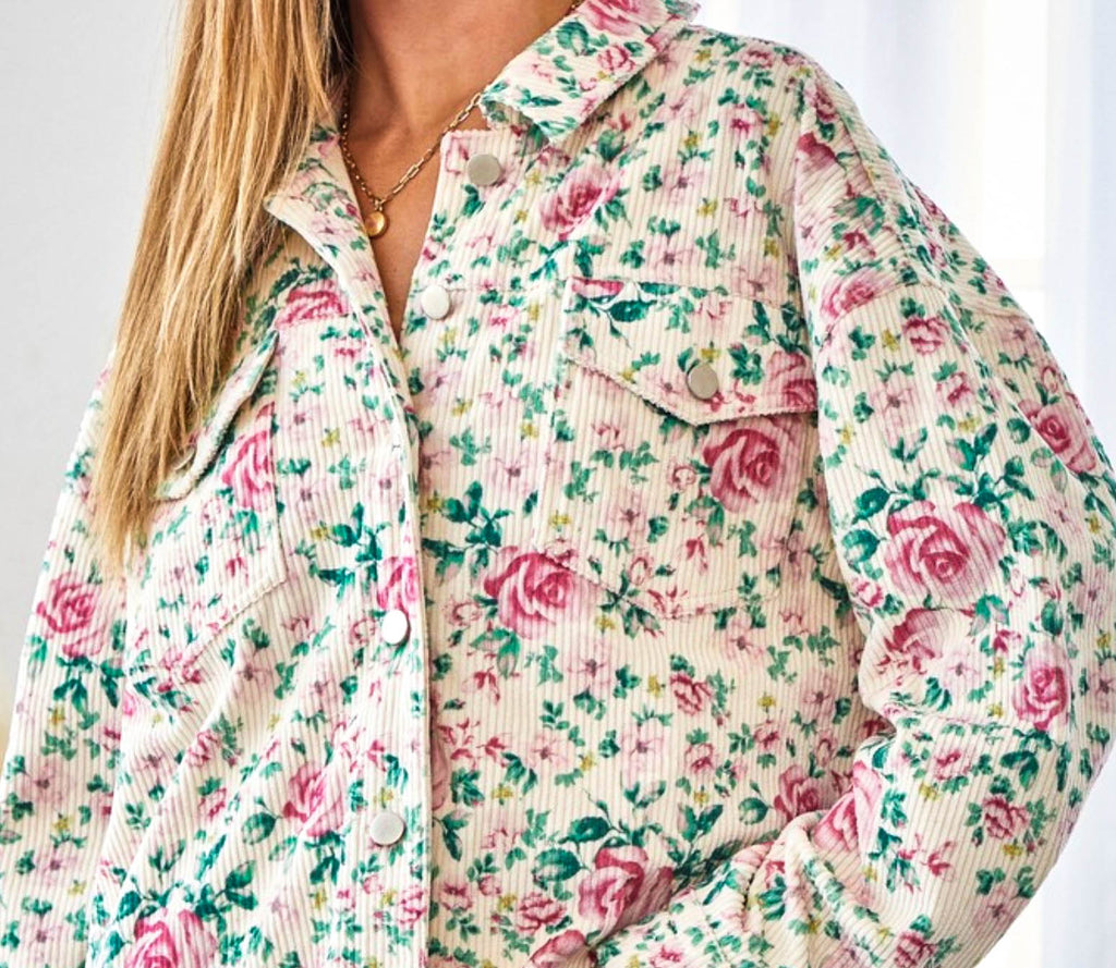 DOWNTOWN ROMANCE CORDUROY FLORAL JACKET IN IVORY & MULTI-COLOR