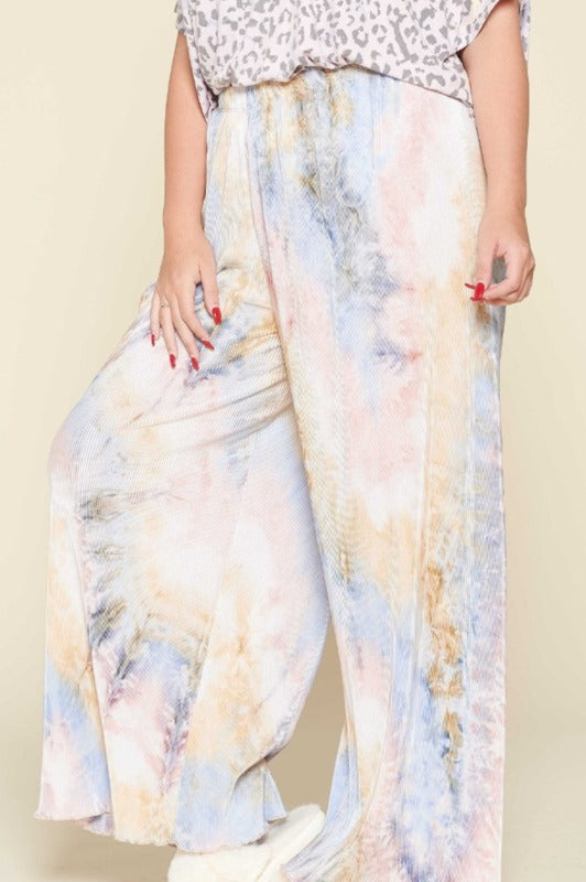 1X-3X SIZE -PLUS SIZE TIE DYE BLUE & PINK PLEATED WIDE PANTS --------- SALE