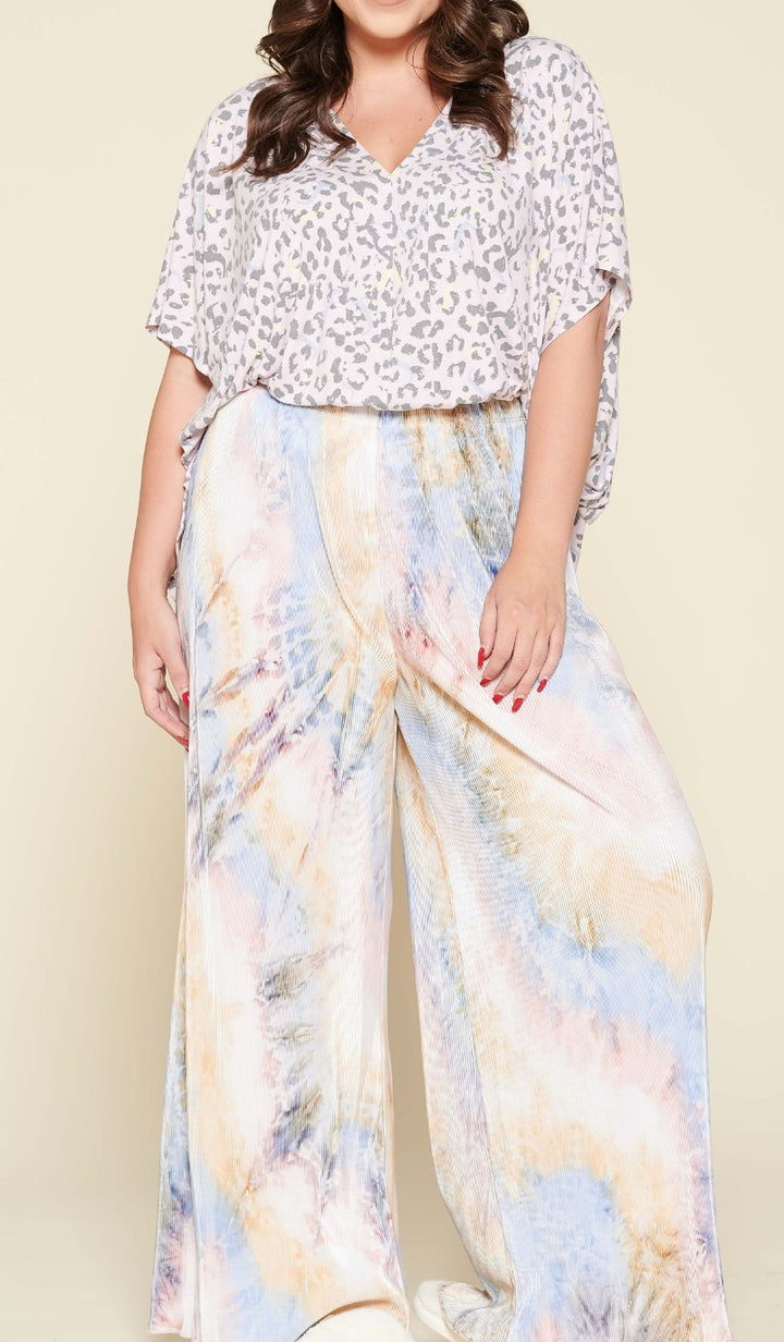 1X-3X SIZE -PLUS SIZE TIE DYE BLUE & PINK PLEATED WIDE PANTS --------- SALE