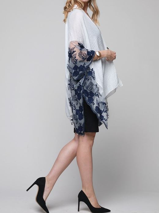 FLEUR DE LIS LACE EMBROIDERED KIMONO IN NAVY & WHITE--------SALE