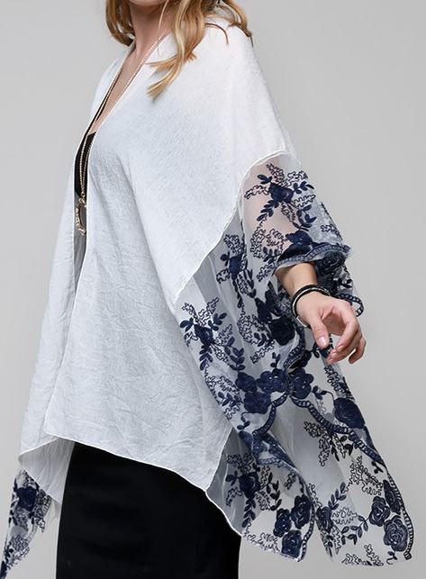 FLEUR DE LIS LACE EMBROIDERED KIMONO IN NAVY & WHITE--------SALE