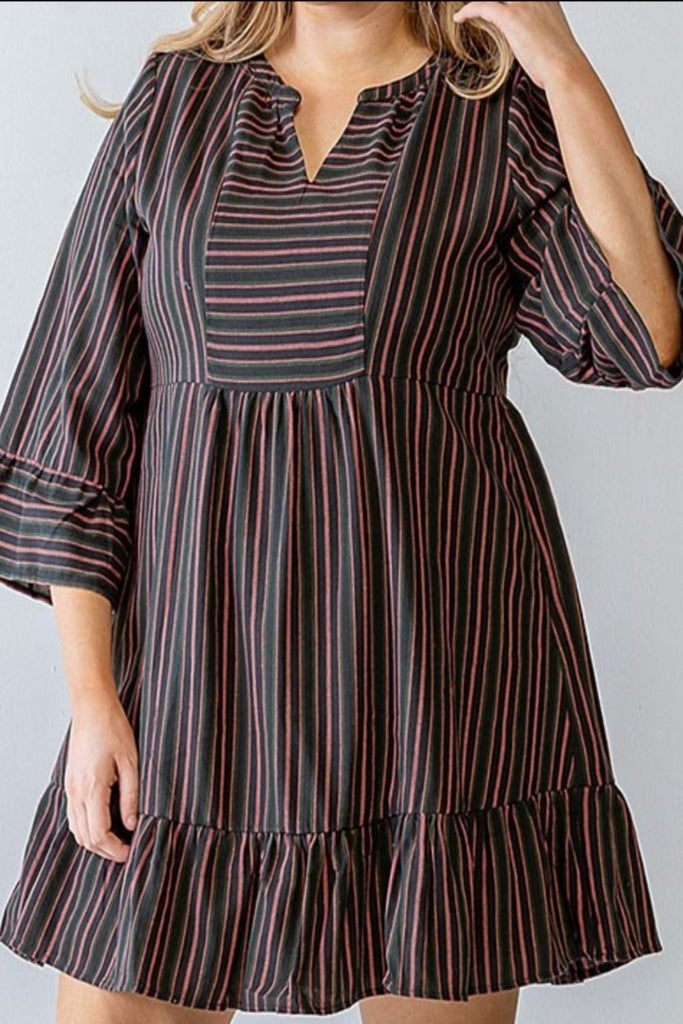 AT THAT MOMENT STRIPED RUFFLE DRESS IN NAVY & MAUVE