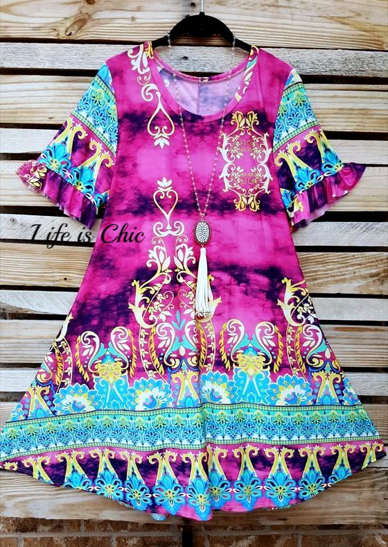 TAJ MAHAL BEAUTY DRESS IN FUCHSIA & MINT MIX [product vendor] - Life is Chic Boutique