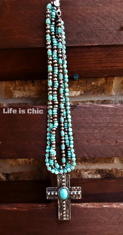 RUSTIC CROSS LAYERED BEADED CHAIN NECKLACE IN TURQUOISE [product vendor] - Life is Chic Boutique