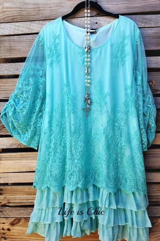 ALL THIS BEAUTY LACE EMBROIDERED 3/4 SLEEVE TUNIC IN MINT [product vendor] - Life is Chic Boutique