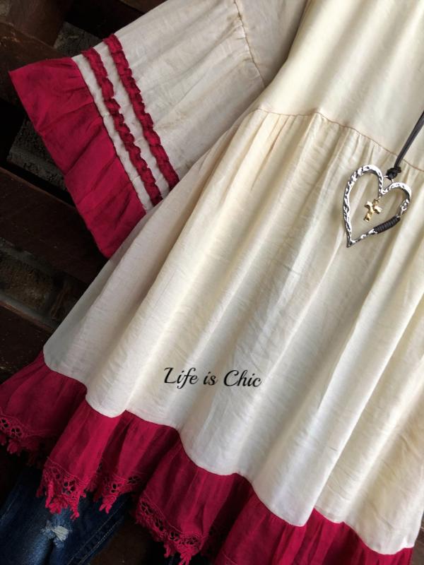 FOREVER IN MY HEART BABYDOLL TUNIC IN CREAM & BURGUNDY--------SALE
