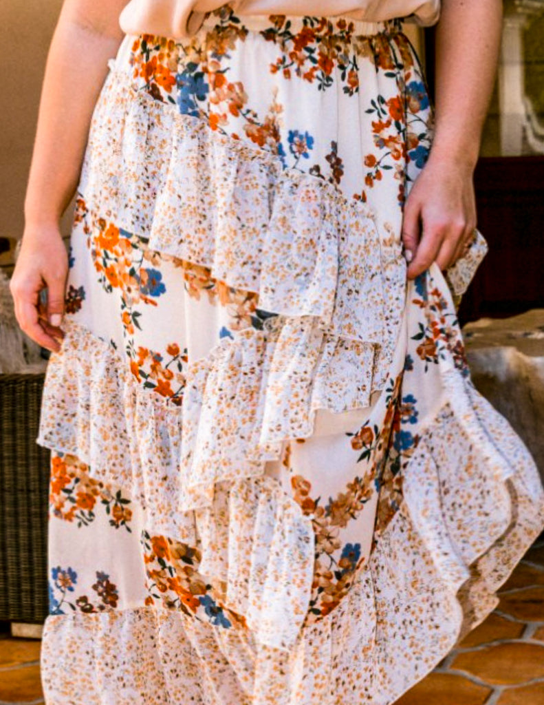 BLOSSOM BEAUTY FLORAL RUFFLED MIDI SKIRT IN NATURAL MIX