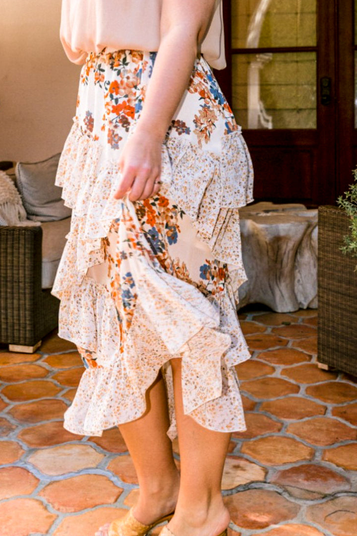 FLORAL RUFFLED MIDI SKIRT IN NATURAL MIX ----------SALE