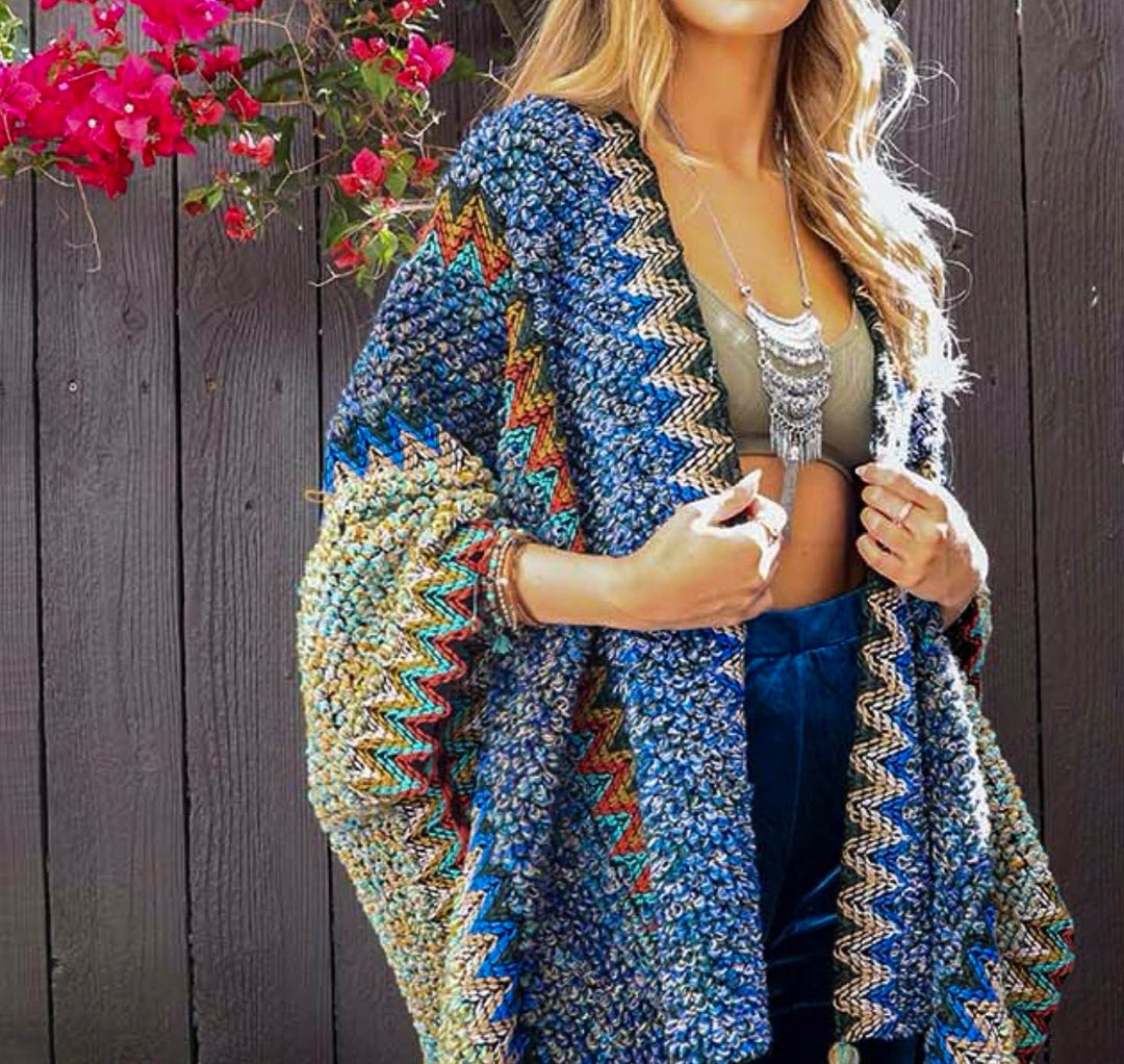 Authentic Beauty Bohemian Crochet Kimono in Blue & Multi-Color