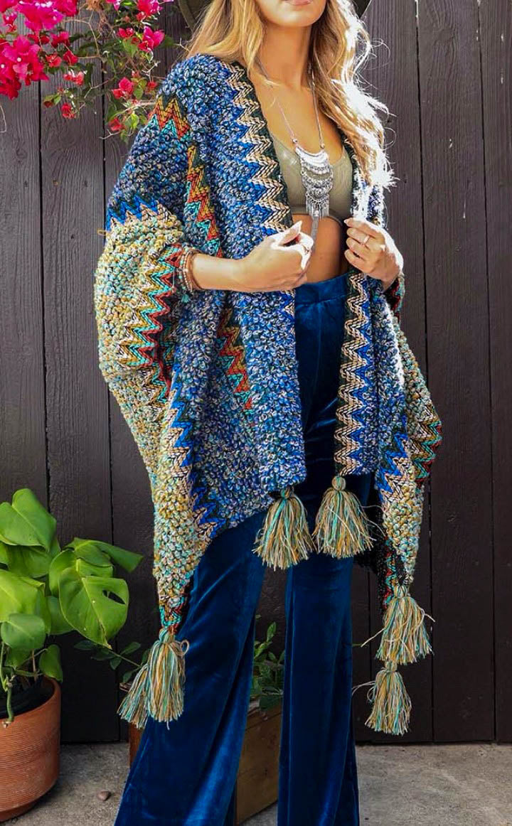 Authentic Beauty Bohemian Crochet Kimono in Blue & Multi-Color
