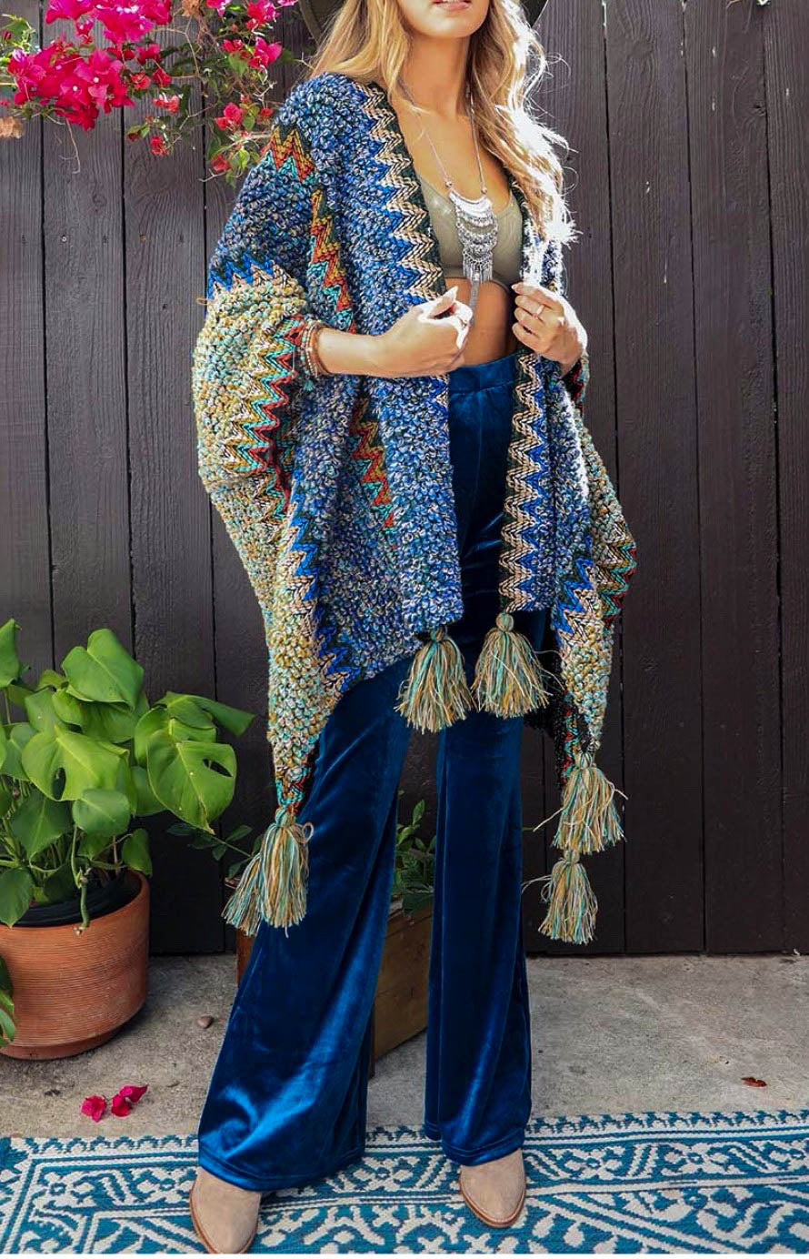 Authentic Beauty Bohemian Crochet Kimono in Blue & Multi-Color